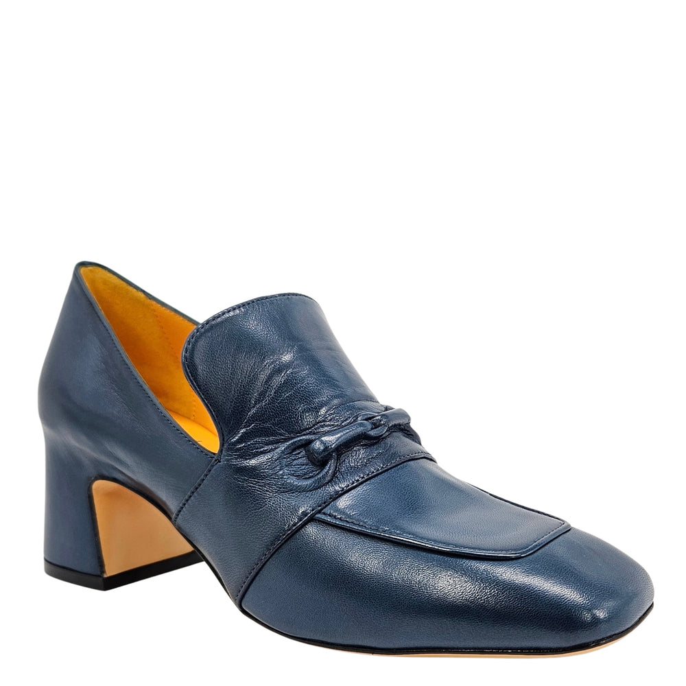 Blue leather loafer with hidden bit detail and mid block heel