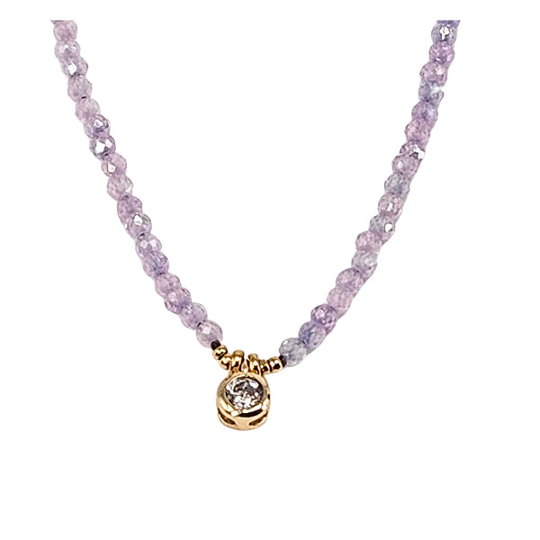 Lavender amethyst choker with faceted strands and round gold-tone charm