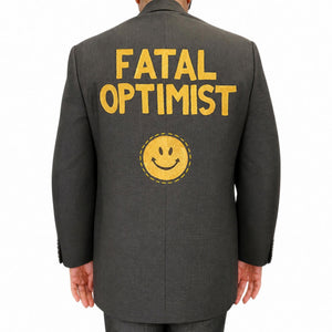 Charcoal blazer with back graphic "FATAL OPTIMIST" and smiley face