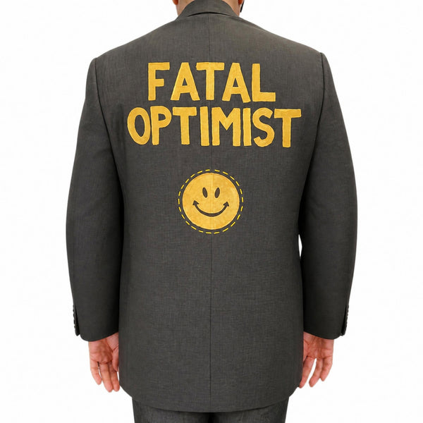 Charcoal blazer with back graphic "FATAL OPTIMIST" and smiley face