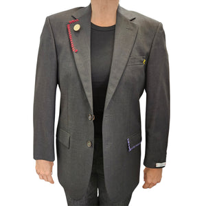 Charcoal blazer with notch lapels, button front, chest pocket, colorful accents