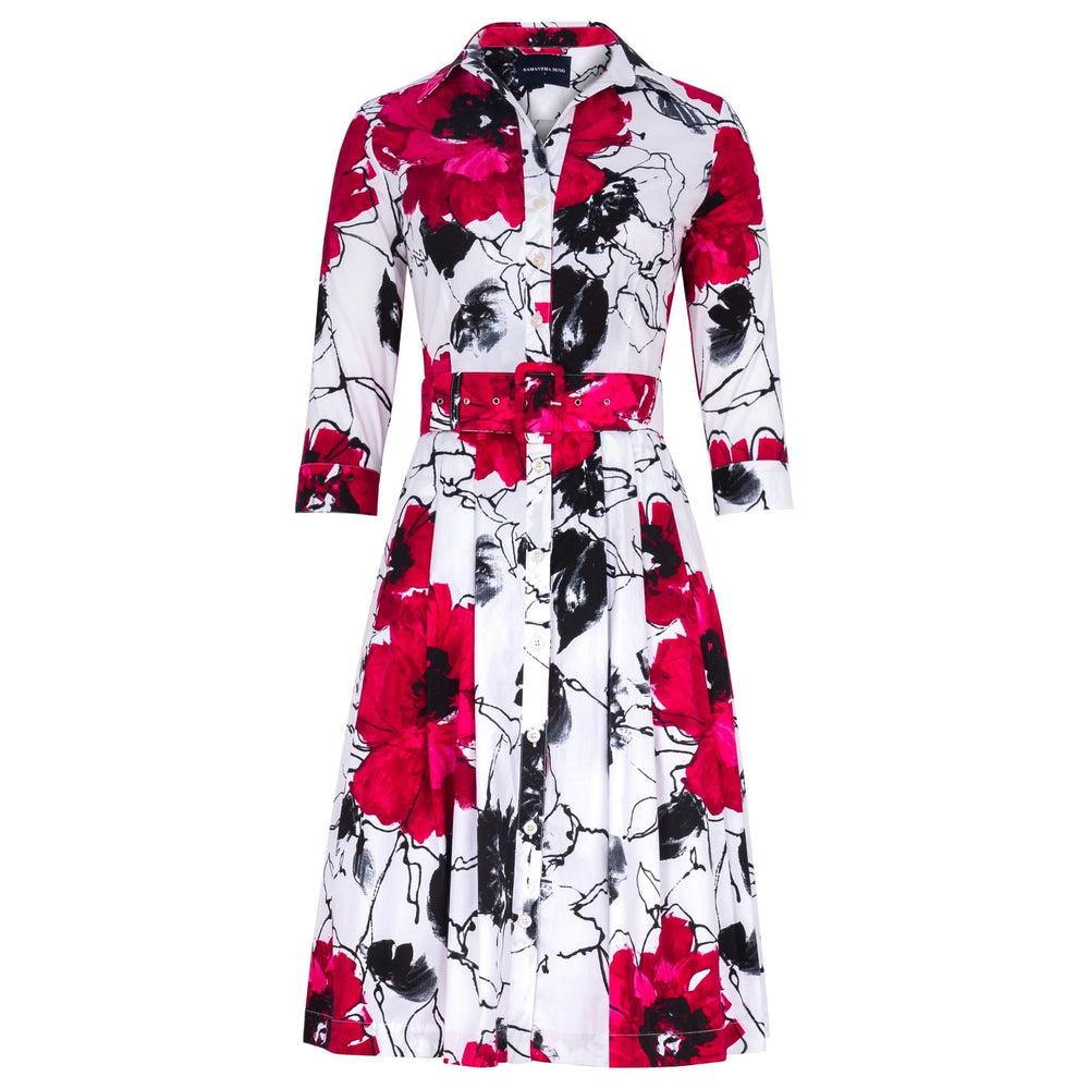 Women’s Audrey shirt dress with collar, button front, long sleeves, floral abstract print