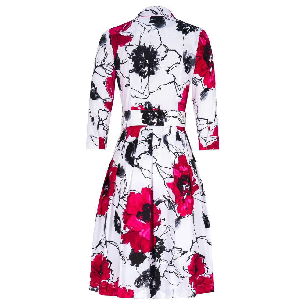 Women’s Audrey shirt dress with collar, button front, long sleeves, floral abstract print