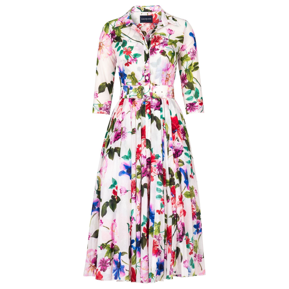 Floral midi dress with button-front, belted waist, long sleeves, white with pink red greens
