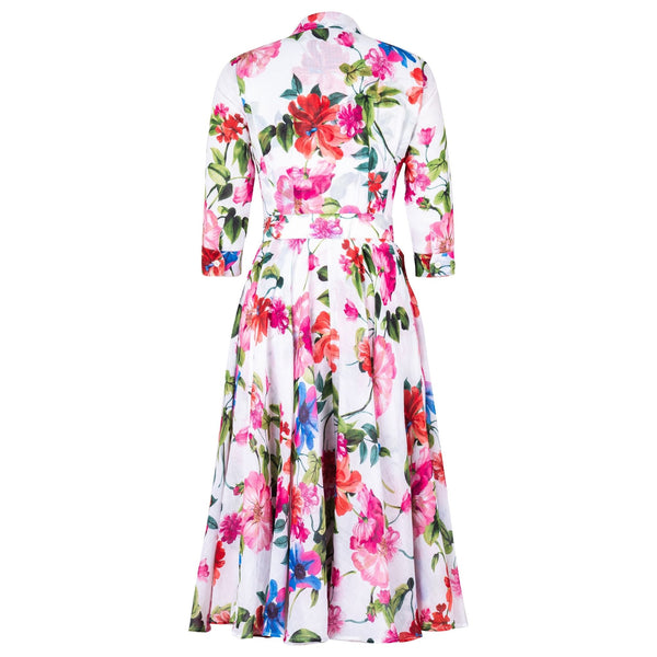Floral midi dress with belted waist and long sleeves, white base with large pink red blooms