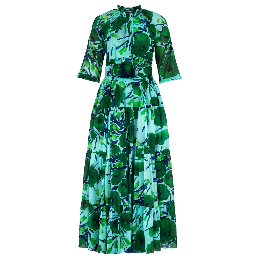Soft aqua green printed midi dress, puff sleeves, smocked neckline, gathered skirt