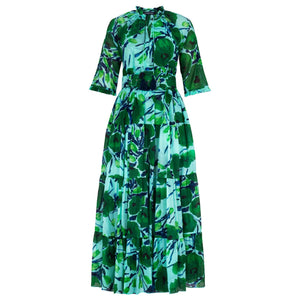 Soft aqua green printed midi dress, puff sleeves, smocked neckline, gathered skirt