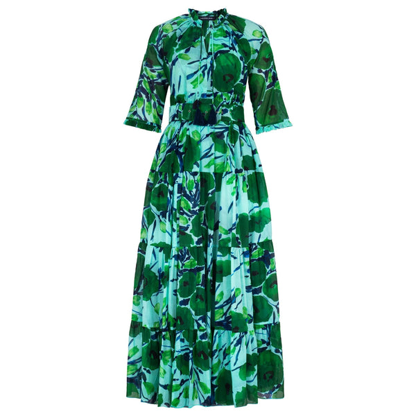 Soft aqua green printed midi dress, puff sleeves, smocked neckline, gathered skirt