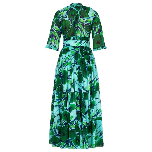 Soft aqua green printed midi dress with three-quarter sleeves and gathered waist
