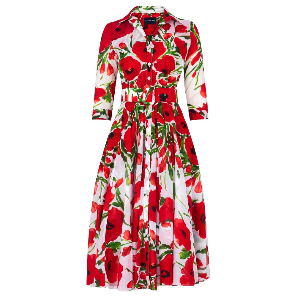 White midi floral dress, red print, 3/4 sleeves, button front, gathered waist