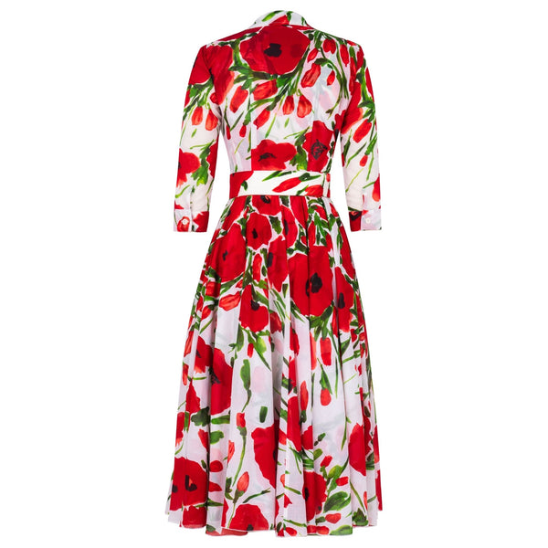 White midi floral dress with red print, 3/4 sleeves, gathered waist, back yoke