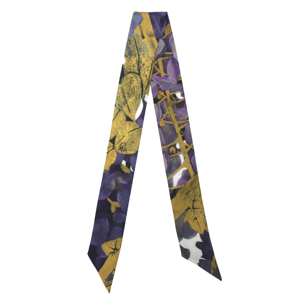 Purple silk twilly scarf with yellow abstract pattern and geometric icons.