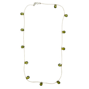 Green faceted teardrop gemstone station necklace with thin chain and box clasp