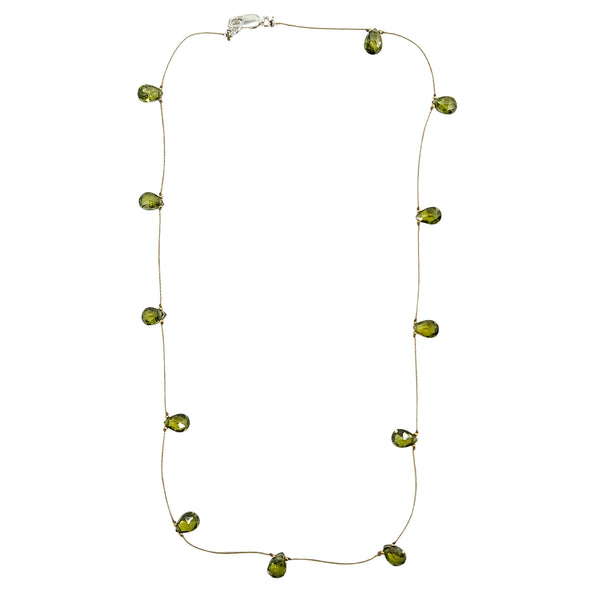 Green faceted teardrop gemstone station necklace with thin chain and box clasp