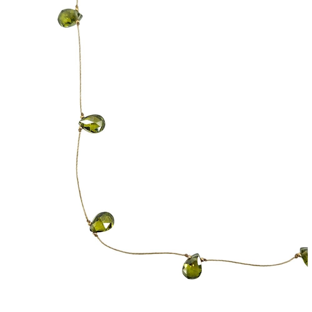 Green faceted teardrop gemstone station necklace with thin chain and box clasp