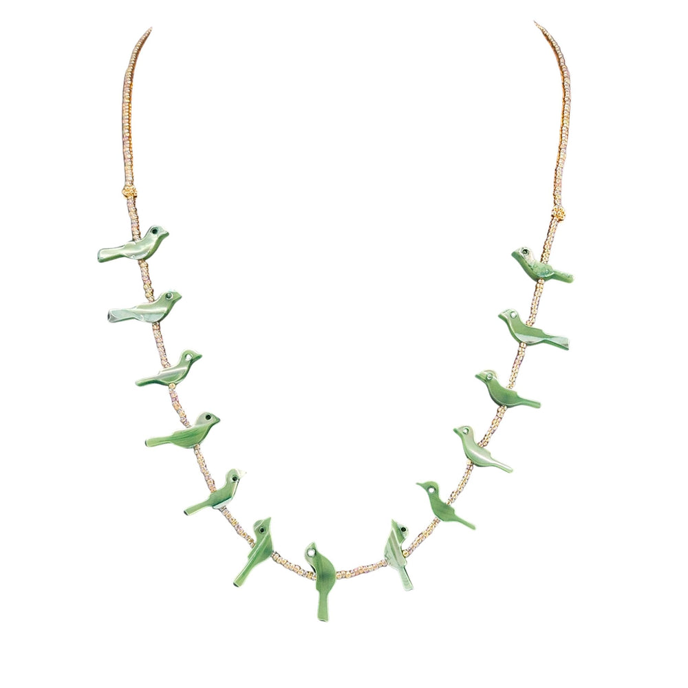 Green bird charm necklace with gold-tone chain and small green bird link accents