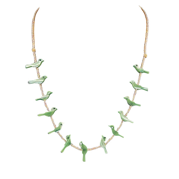 Green bird charm necklace with gold-tone chain and small green bird link accents