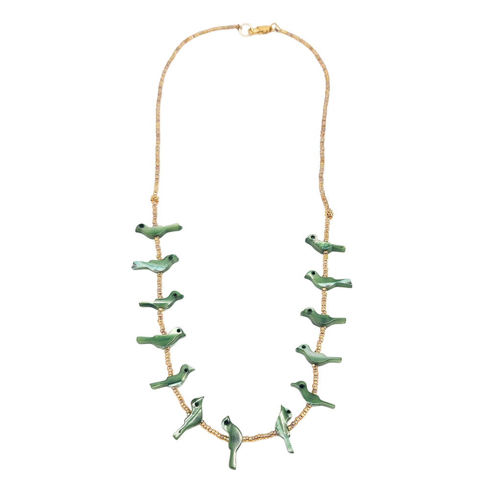Green bird charm necklace with gold-tone chain and small green bird link accents