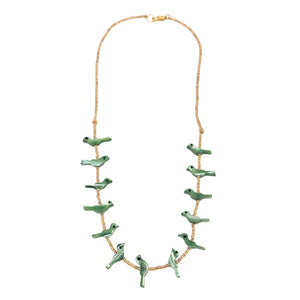 Green bird charm necklace with gold-tone chain and linked rows of small green birds