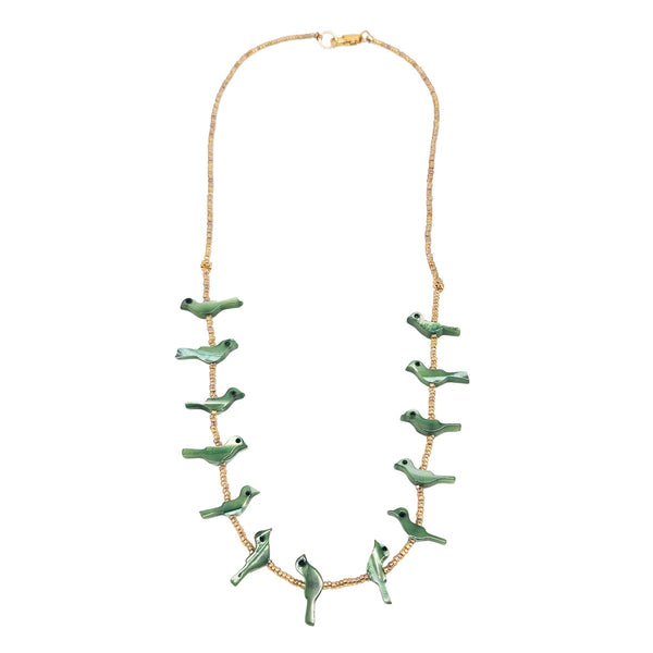 Green bird charm necklace with gold-tone chain and linked rows of small green birds