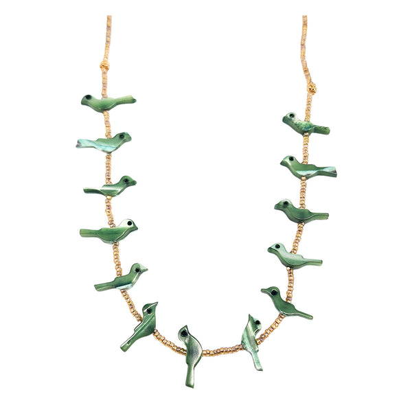Gold-tone necklace chain with dangling green bird charms and beaded links