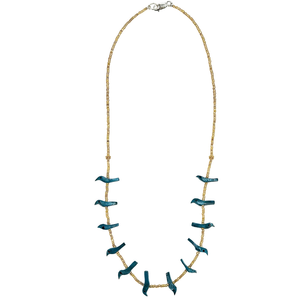 Bead necklace with gold-tone chain and teal bird charm links