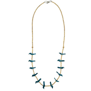 Bead necklace with gold-tone chain and teal bird charm links