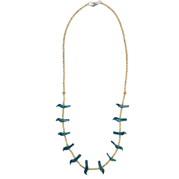 Bead necklace with gold-tone chain and teal bird charm links