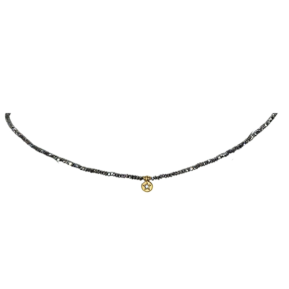 Grey beaded charm necklace with gold star coin pendant and lobster clasp