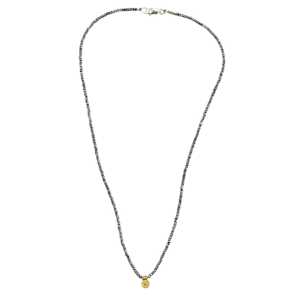 Grey beaded charm necklace with gold star coin pendant and lobster clasp