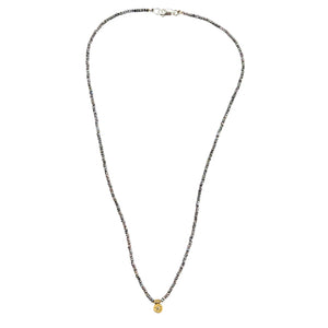 Grey beaded charm necklace with gold star coin pendant and lobster clasp