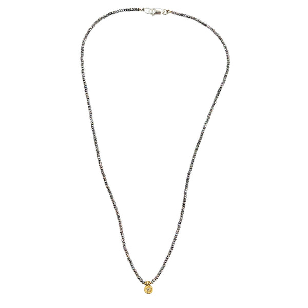 Grey beaded charm necklace with gold star coin pendant and lobster clasp