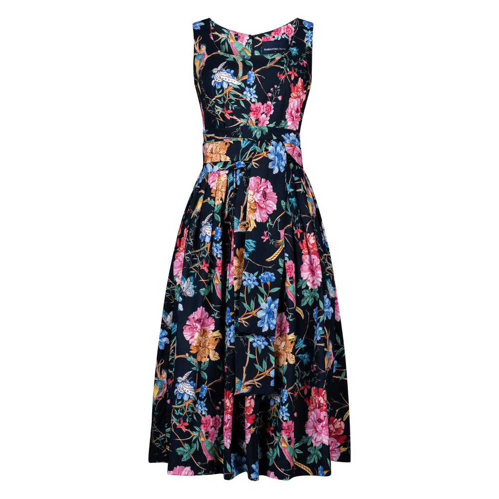 Floral print sleeveless U-neck dress with cinched waist and mid-calf A-line skirt