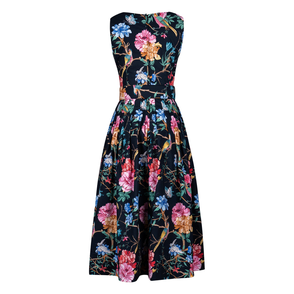 Floral print sleeveless U-neck dress with cinched waist and mid-calf A-line skirt