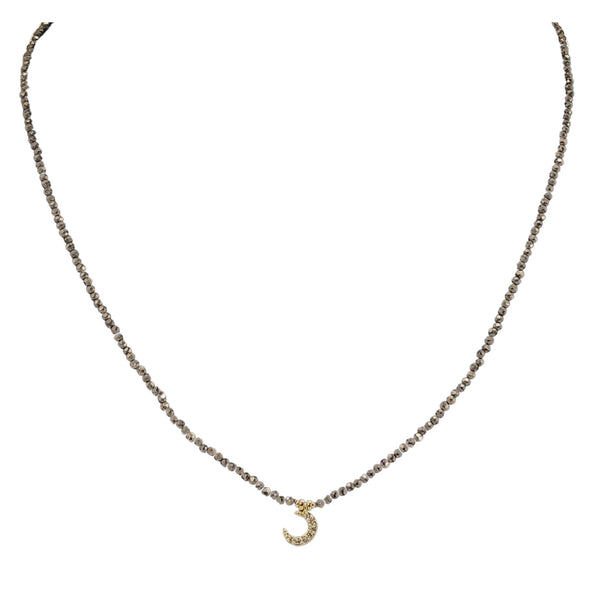 Black hematite micro-bead choker with gold moon charm at center