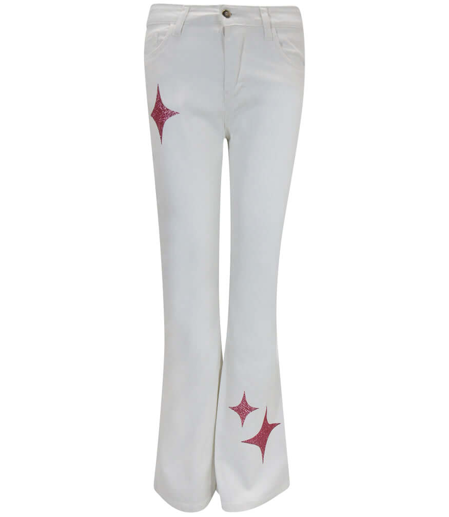 Light wash denim jeans with rose star glitter accents at the hem