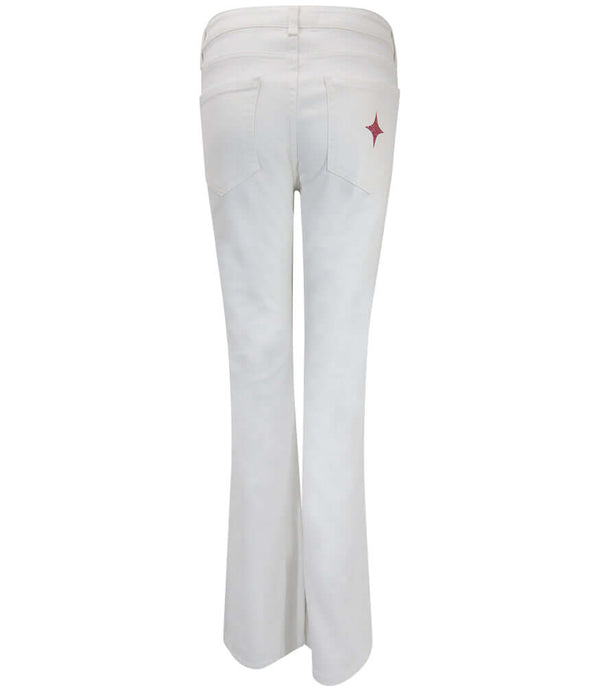 Light wash denim jeans with rose star design on the back hem
