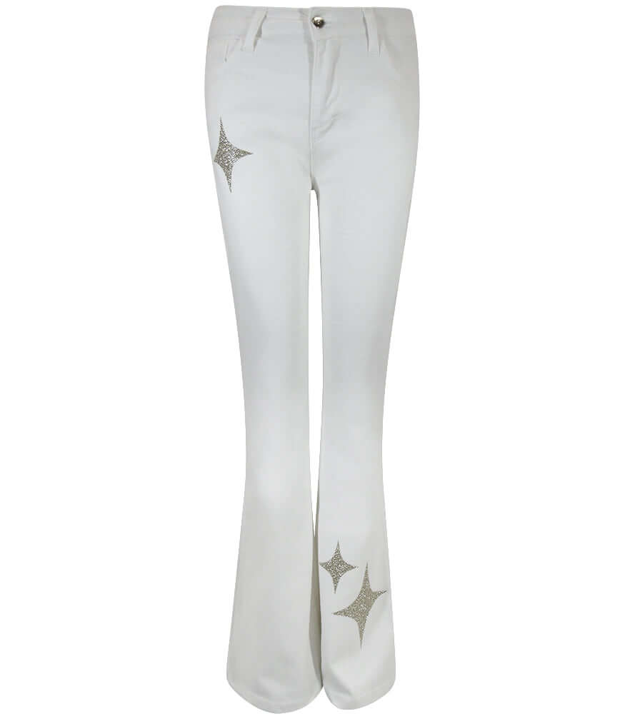 Light wash denim jeans with gold glitter star patches