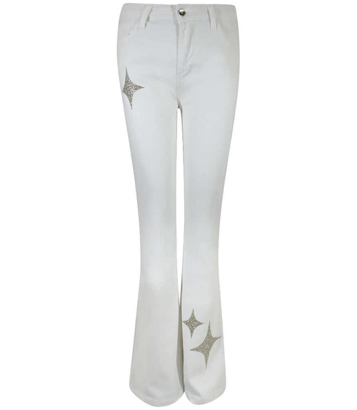 Light wash denim jeans with gold glitter star patches