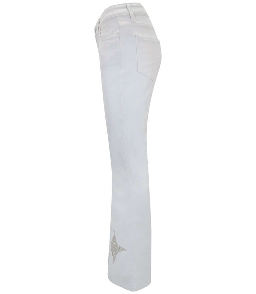 Light wash denim jeans with gold glitter star patches
