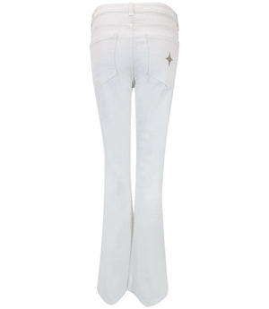 Light wash denim jeans with gold glitter star embroidery on the back