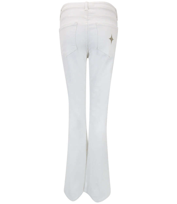 Light wash denim jeans with gold glitter star embroidery on the back