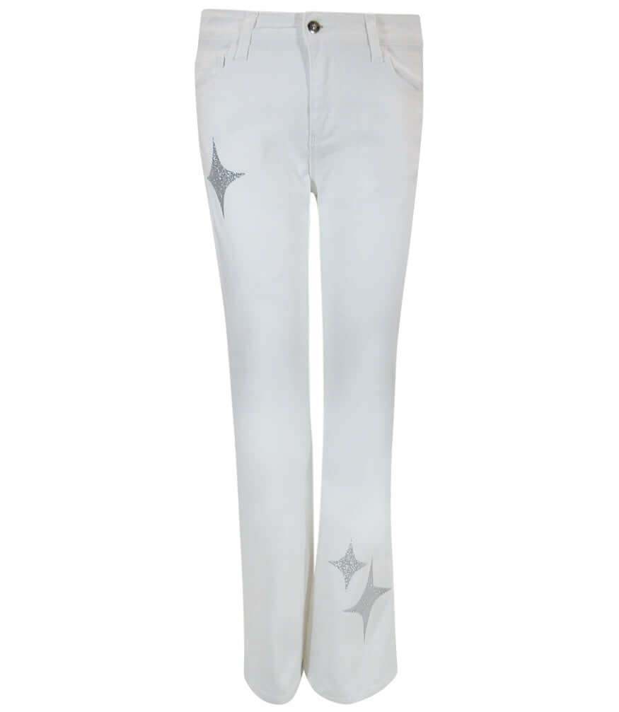 White denim jeans with silver glitter star patches, straight leg