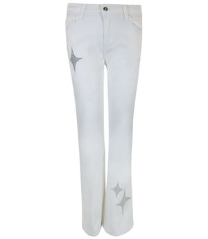 White denim jeans with silver glitter star patches, straight leg