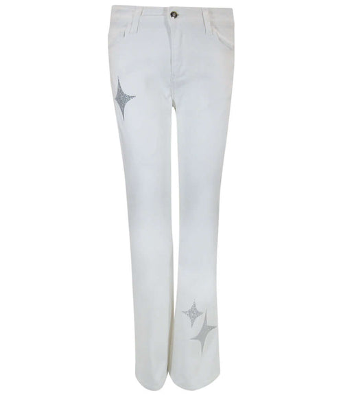 White denim jeans with silver glitter star patches, straight leg