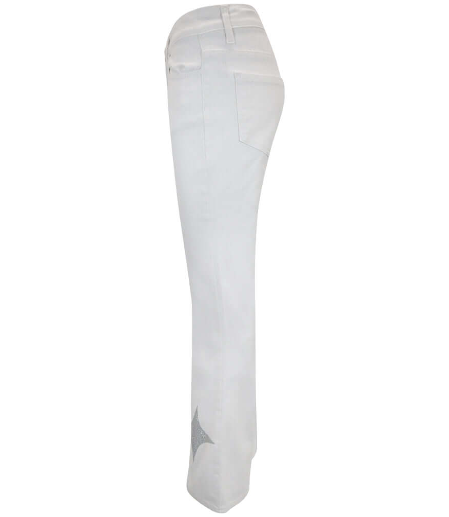 White denim jeans with silver glitter star patches, straight leg