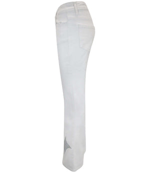 White denim jeans, side view with silver glitter star near lower leg