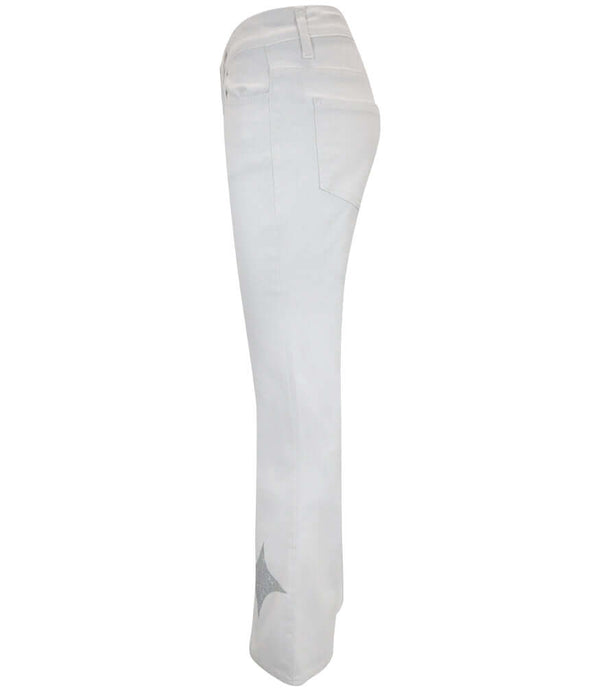 White denim jeans, side view with silver glitter star near lower leg
