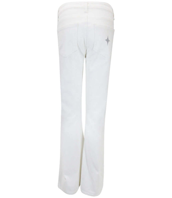 White denim jeans, back view with silver glitter star near pocket