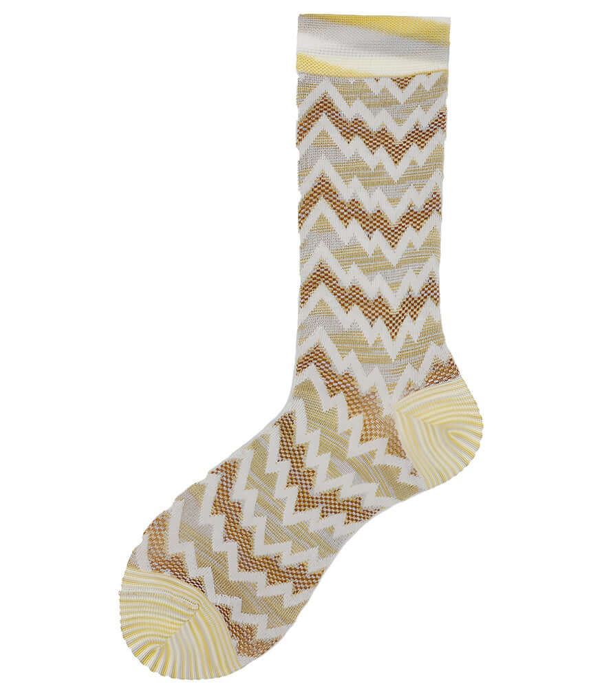 Short socks with white, gray, and yellow chevron zigzag pattern and cushioned toe